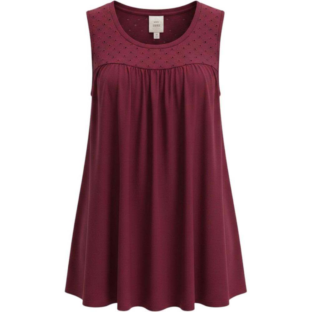 Knox Rose Womens XL Burgundy Eyelet Embroidered Sleeveless Babydoll Knit Top